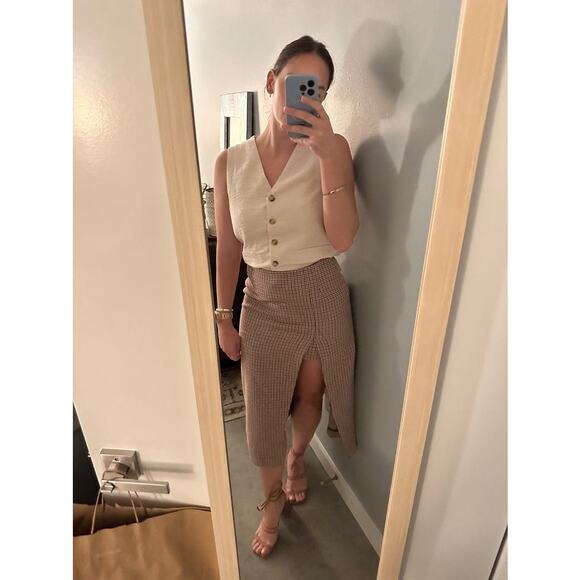 MAJE Jaisa Brown Plaid Wool Blend Front Back Slit Edgy Pencil Skirt Size US 8 - Picture 16 of 16